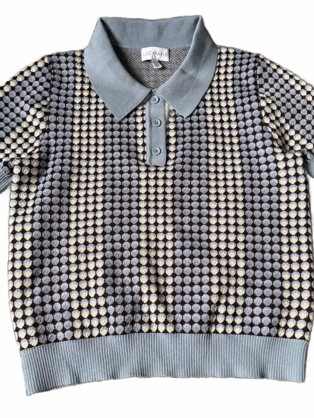 Lucy Paris Blue Brown Cream Polka Dot Knit Polo Sweater Size Medium Retro